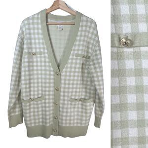 Joie Womens Green Gingham Check Plaid Boyfriend Cardigan SIZE MEDIUM Preppy